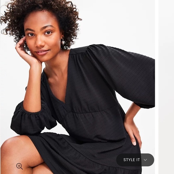 LOFT Black Jacquard Balloon Sleeve V-Neck Dress 2 - Picture 9 of 10
